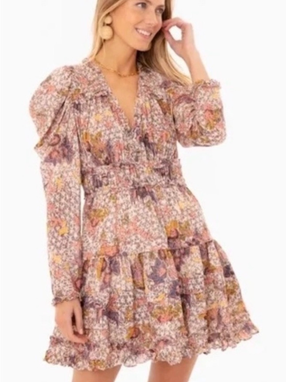 Ulla Johnson Multi-Pastel Floral Puff-Sleeve Tiered Mini Dress